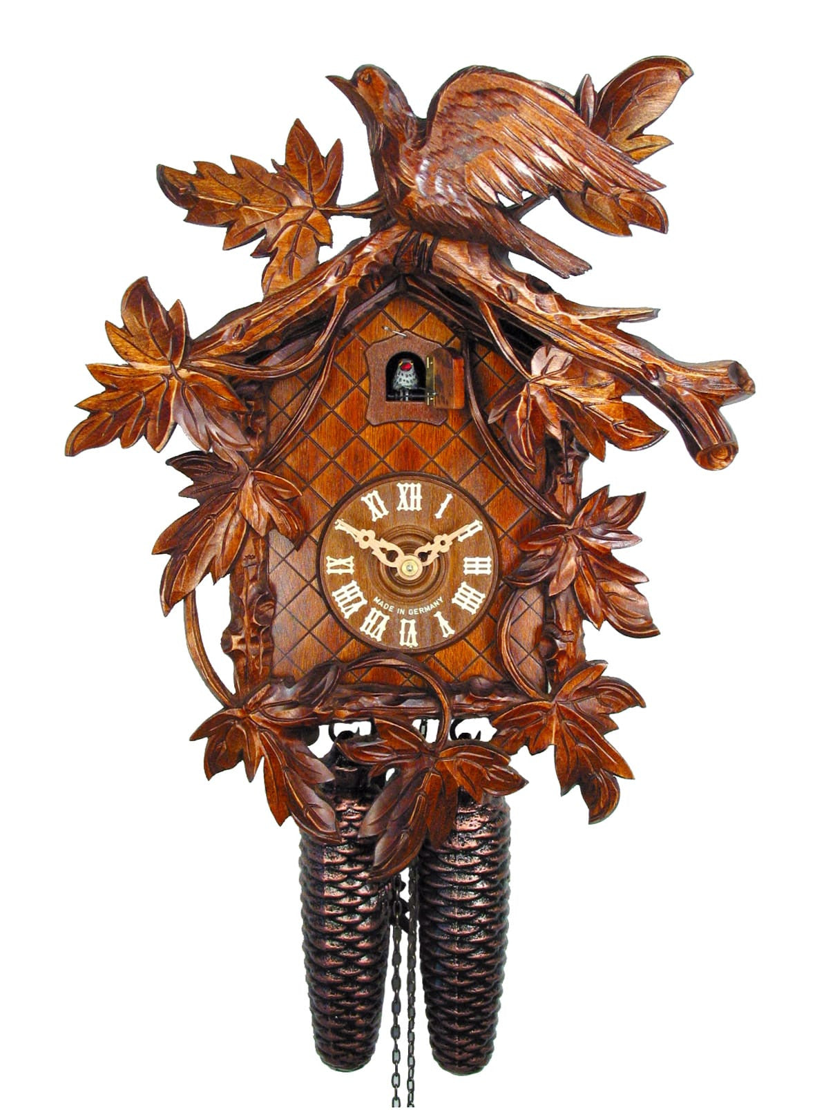 Carved 8-day cuckoo clock with a large bird and nine maple leaves 34cm ...