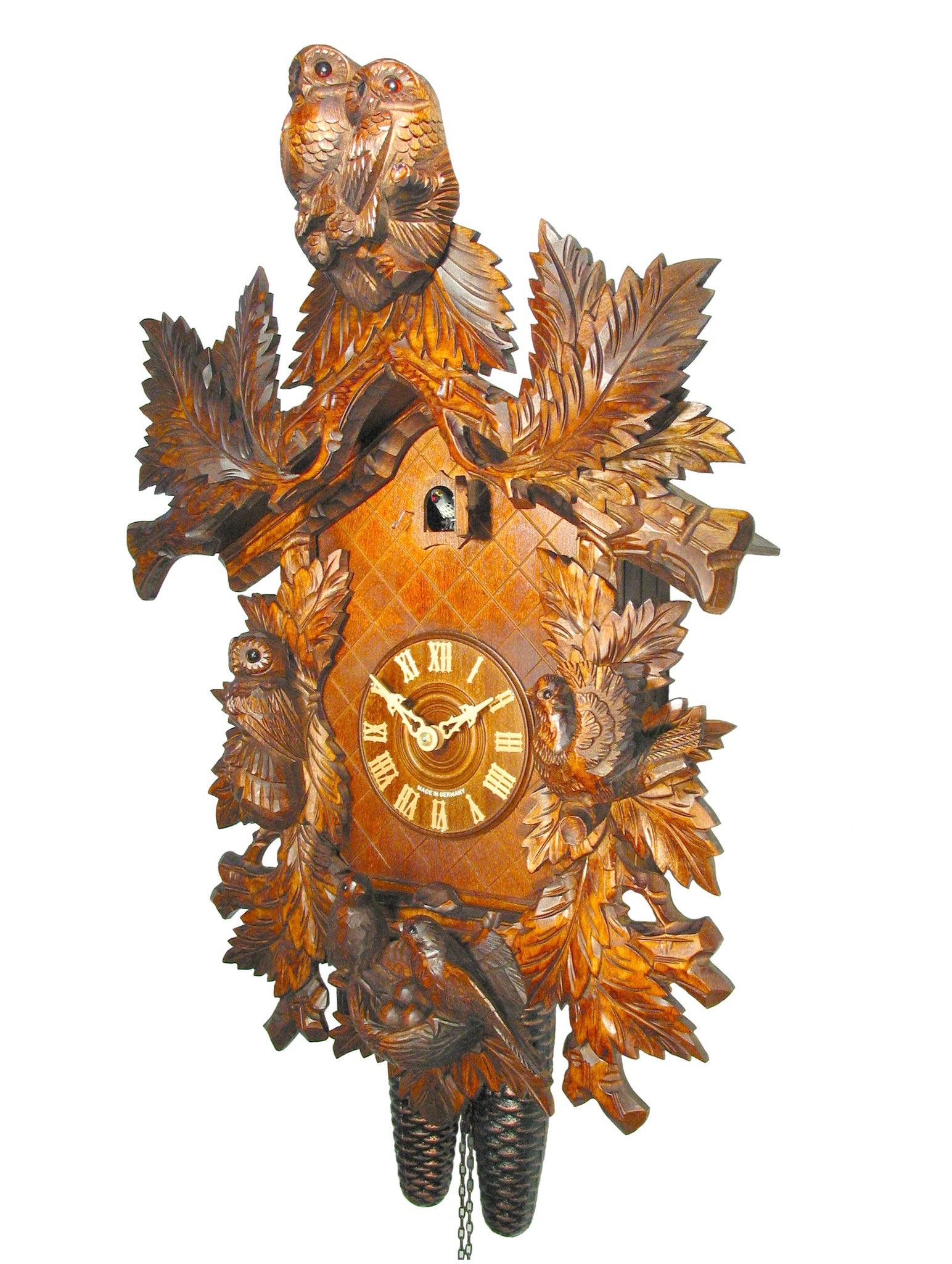 Carved 8-day Owl cuckoo clock 54cm by August Schwer - Cuckoo Collections