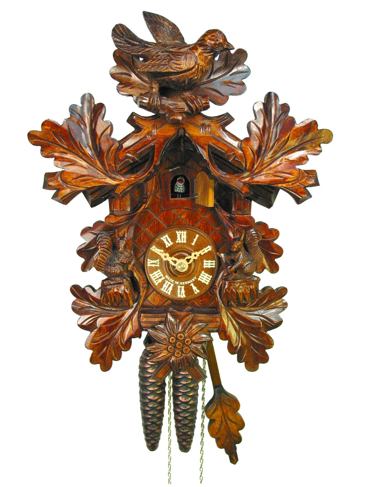Carved 1-day Squirrel Edelweiss cuckoo clock 32cm by August Schwer ...