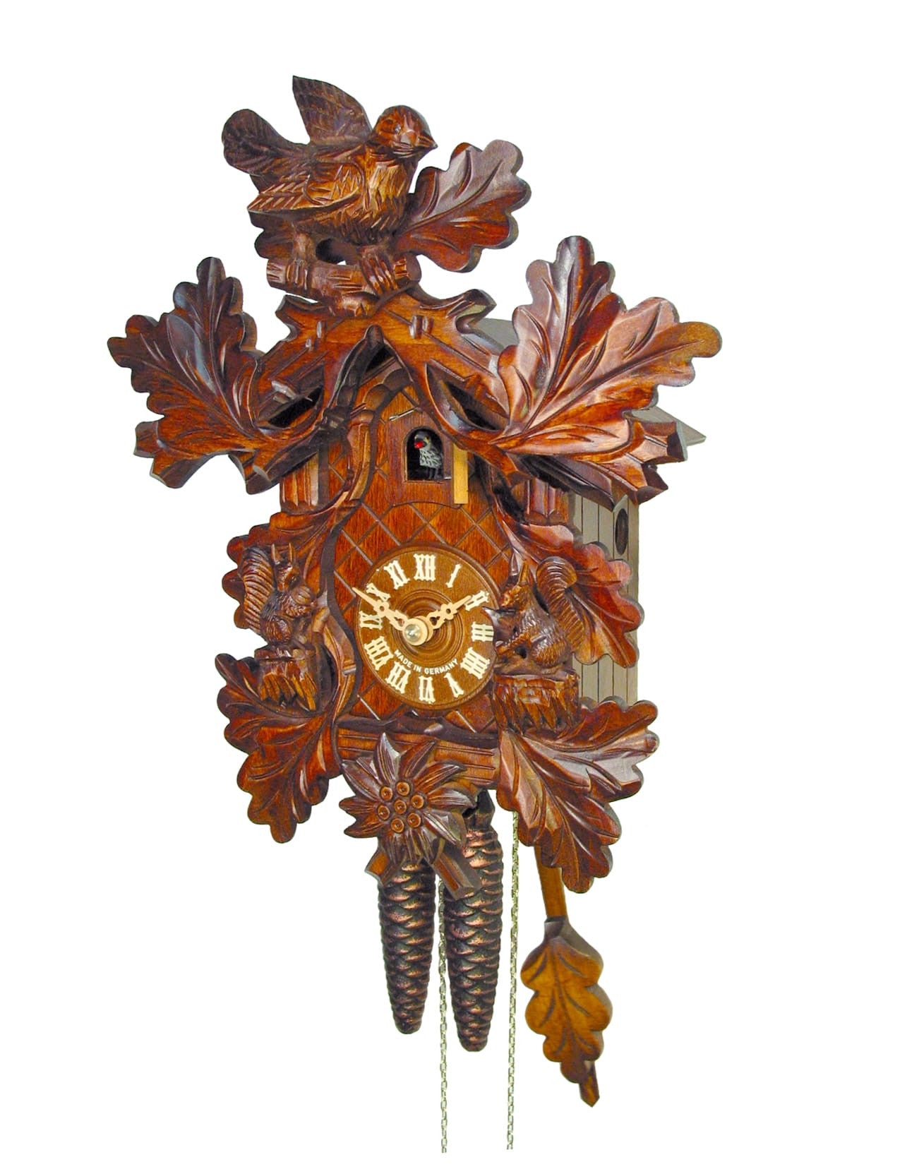 Carved 1-day Squirrel Edelweiss cuckoo clock 32cm by August Schwer ...