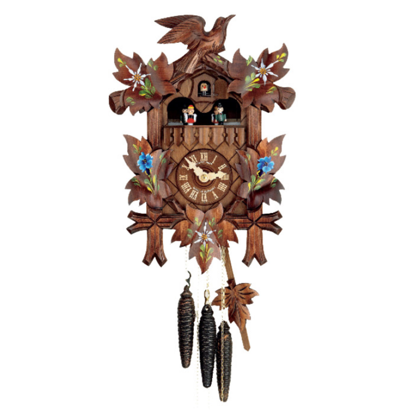 Carved 1-day musical cuckoo clock with hand-painted edelweiss & enzian ...