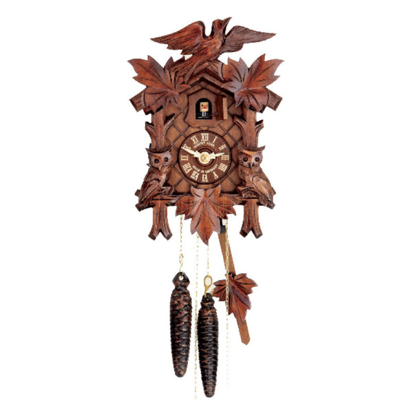 Carved 1-day cuckoo clock with two owls and leaves 26cm by Hubert Herr ...