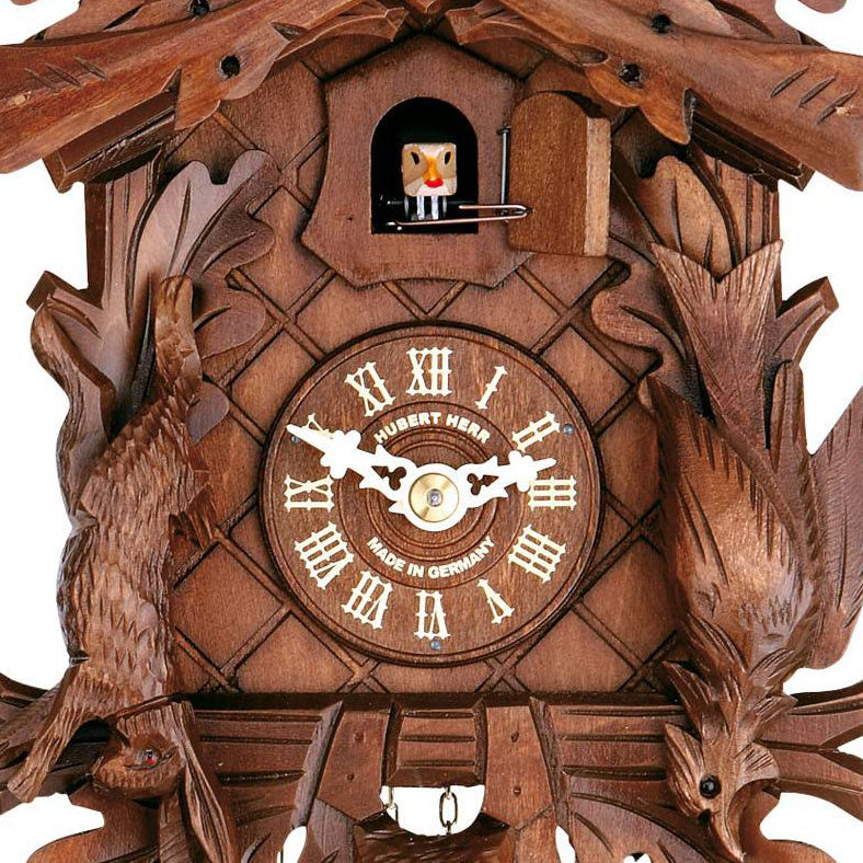 carved 1 day hunting style cuckoo clock with rifles and hanging rabbit pheasant 30cm by hubert herr