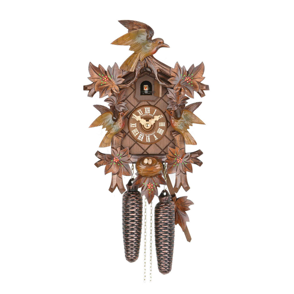 Carved 8-day cuckoo clock with carved birds and hand-painted flowers 3 ...