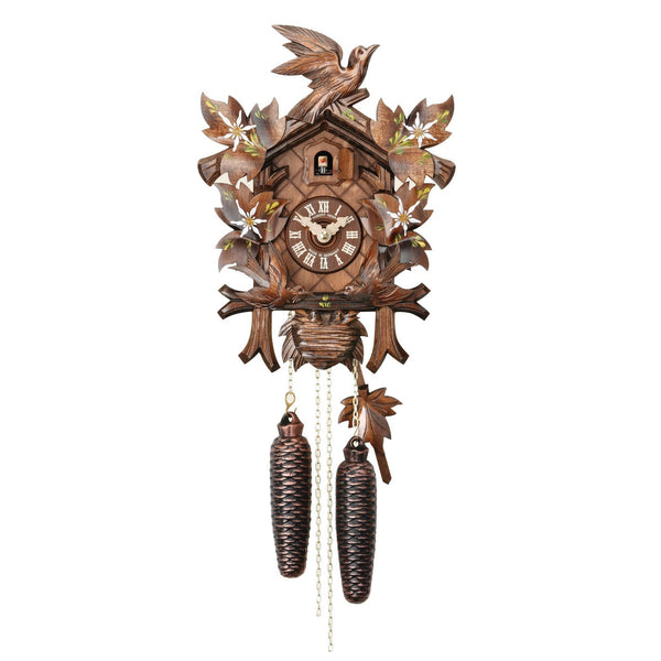 Carved 8-day cuckoo clock with moving birds and hand-painted edelweiss ...