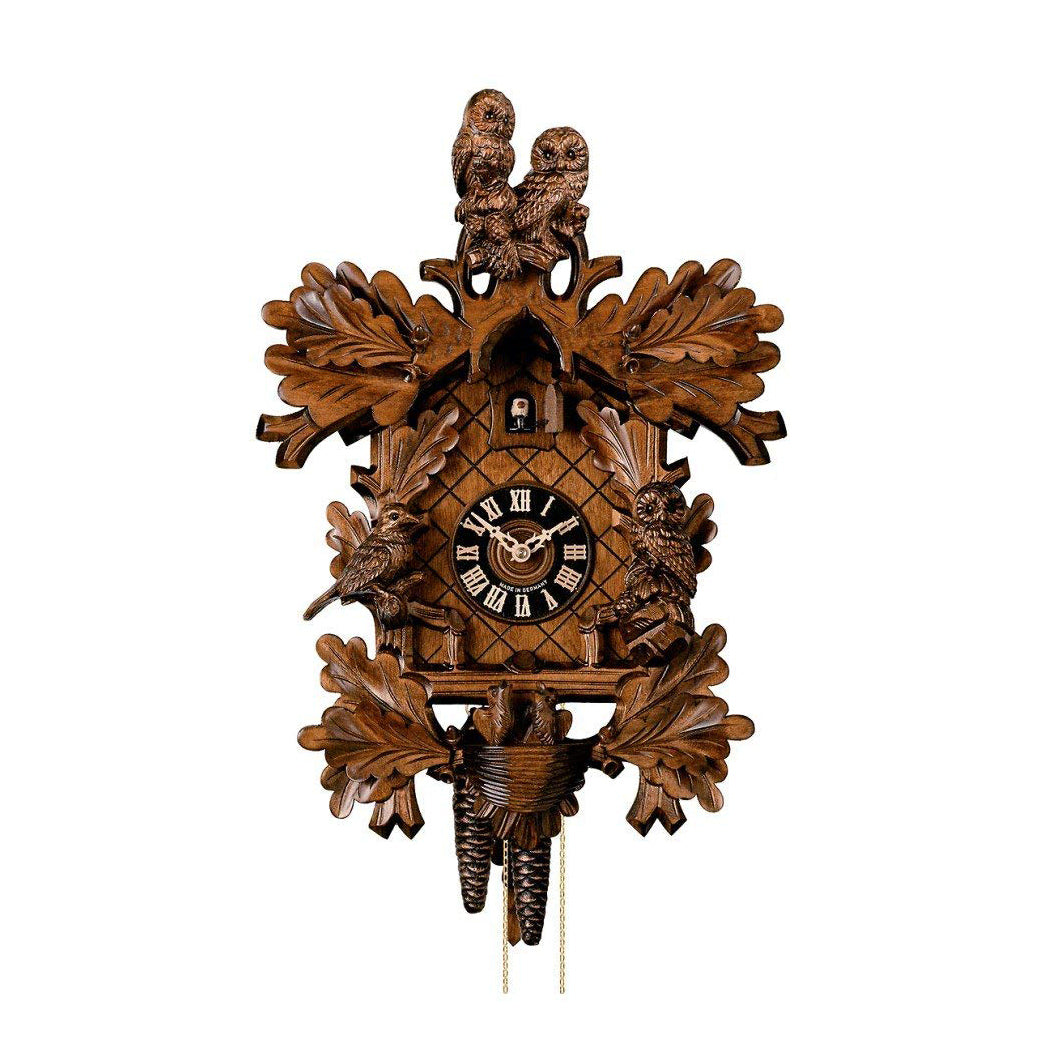 Carved 8-day cuckoo clock with pair of owls, owl, bird and nest with c ...