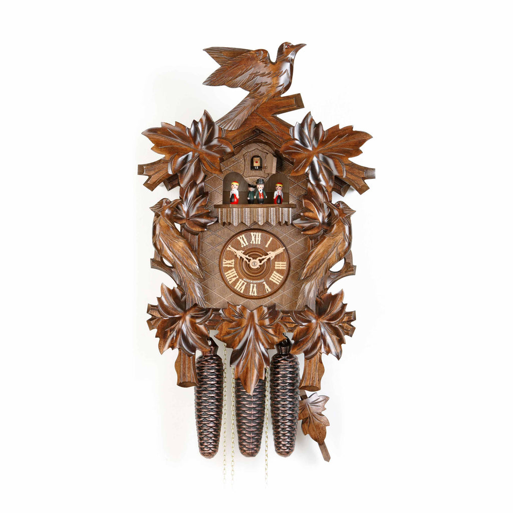 Carved 8-day musical cuckoo clock with cuckoo bird, woodpeckers and se ...