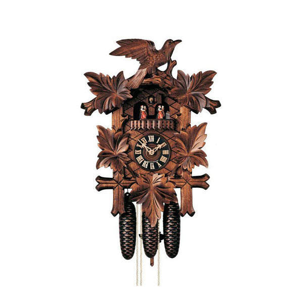 Carved 8-day musical cuckoo clock with five leaves, bird, and dancers ...