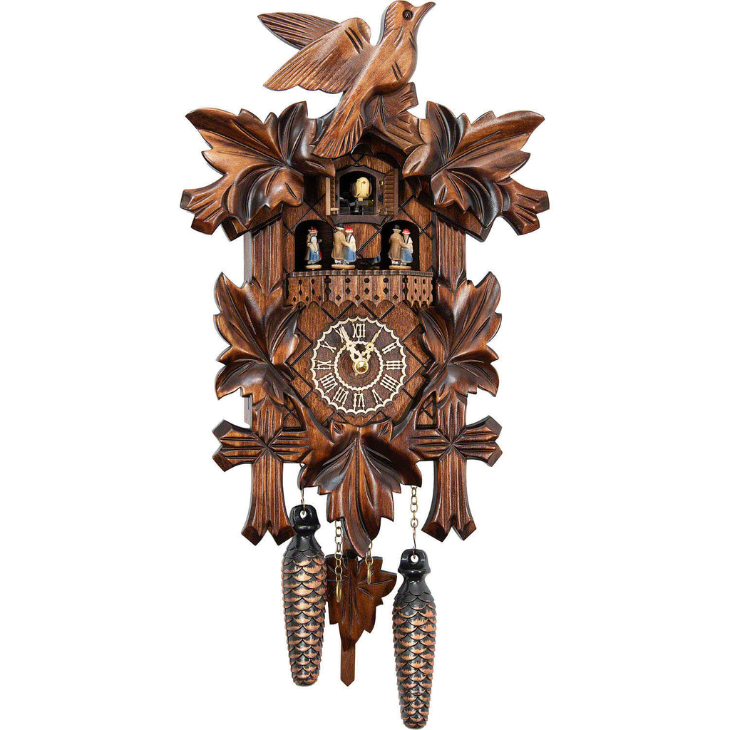 Carved battery-powered musical cuckoo clock with dancers, bird and fiv ...