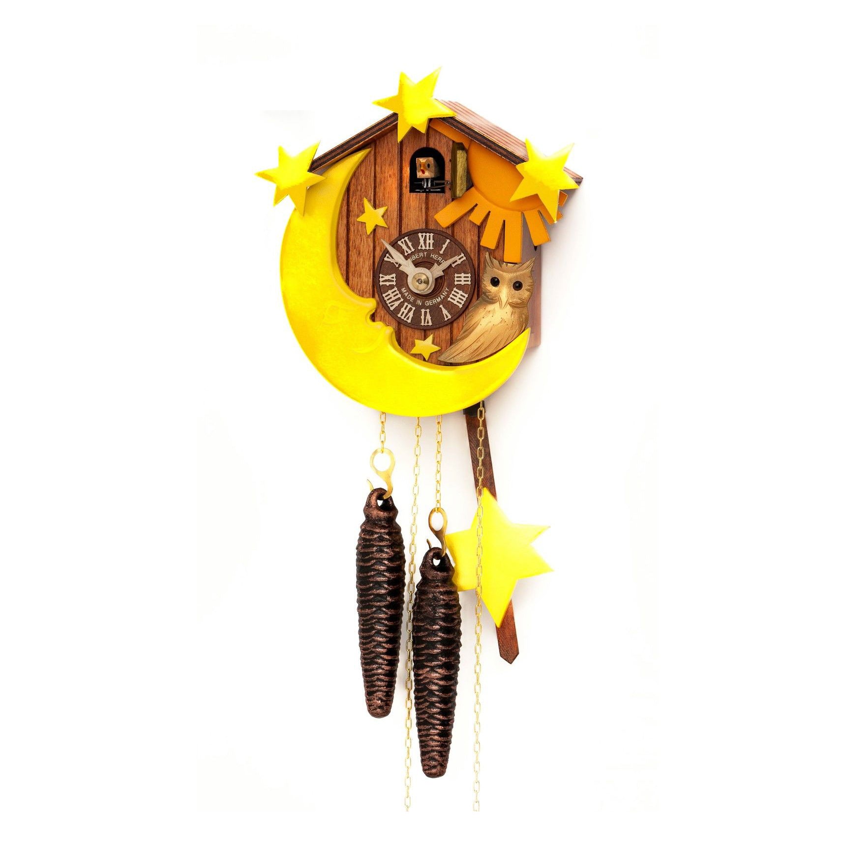 Chalet 1day children's cuckoo clock with carved sun, moon, stars and