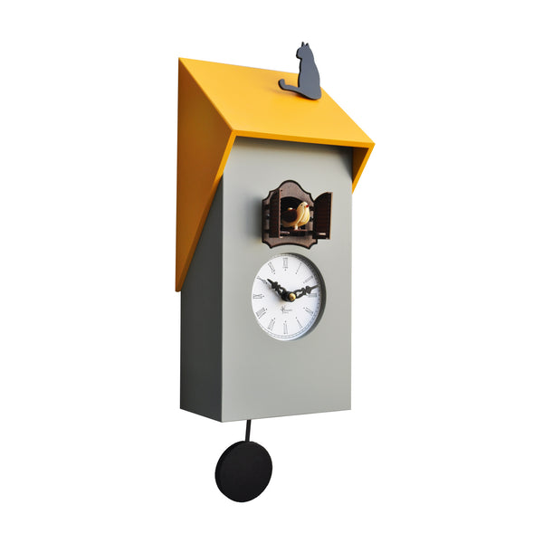 'Cucu Vicenza with Cat' Cuckoo Clock (Yellow & Grey) by Pirondini - Cuckoo Collections