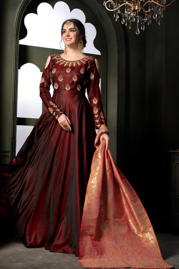 Dark Maroon Heavy Taffeta Satin Silk Embroidered Designer Wear Gown Style Anarkali Suit