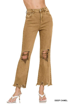 Acid Washed Distressed High Waist Straight Pants #S374