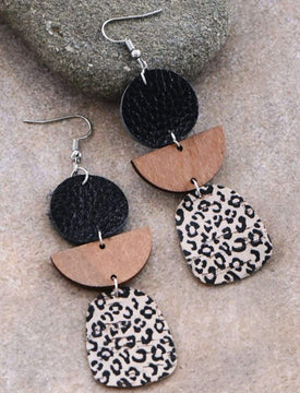 Leopard Cork Wood Leather Earrrings #S381