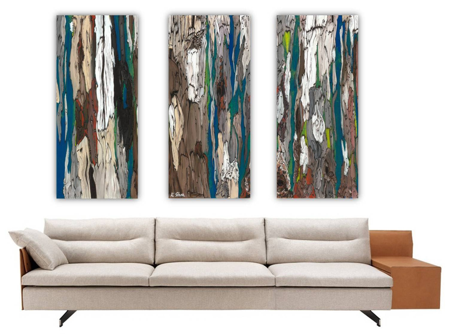 Extra large abstract triptych wall art canvas blue white: Shoa Gallery