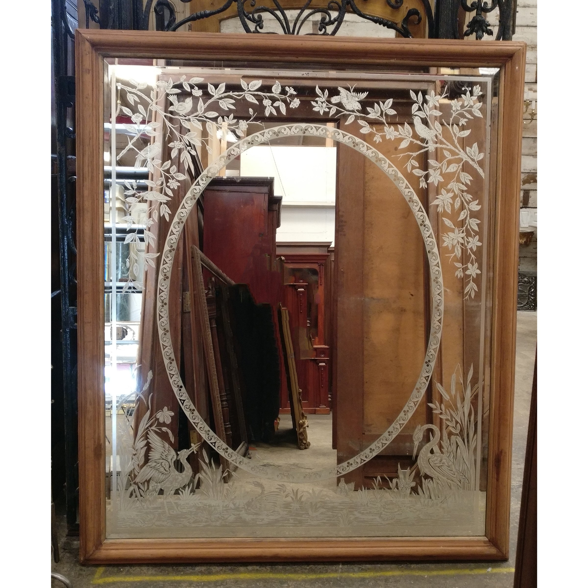 Large Antique Victorian Etched Mirror with Wooden Frame - The