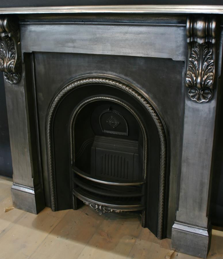 Antique Victorian Polished Cast Iron Corbel Fireplace Surround