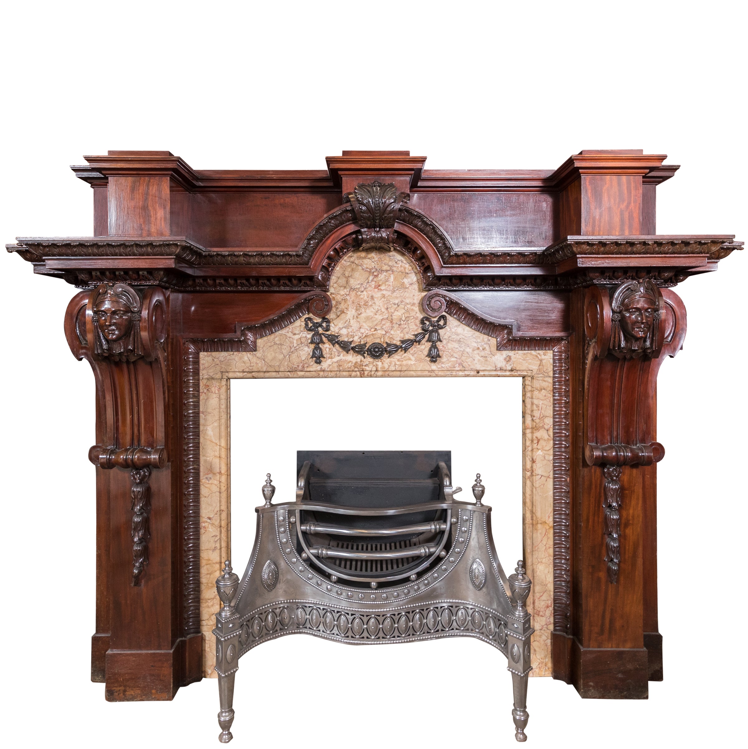 Large Baroque Mahogany Marble Fireplace Surround The