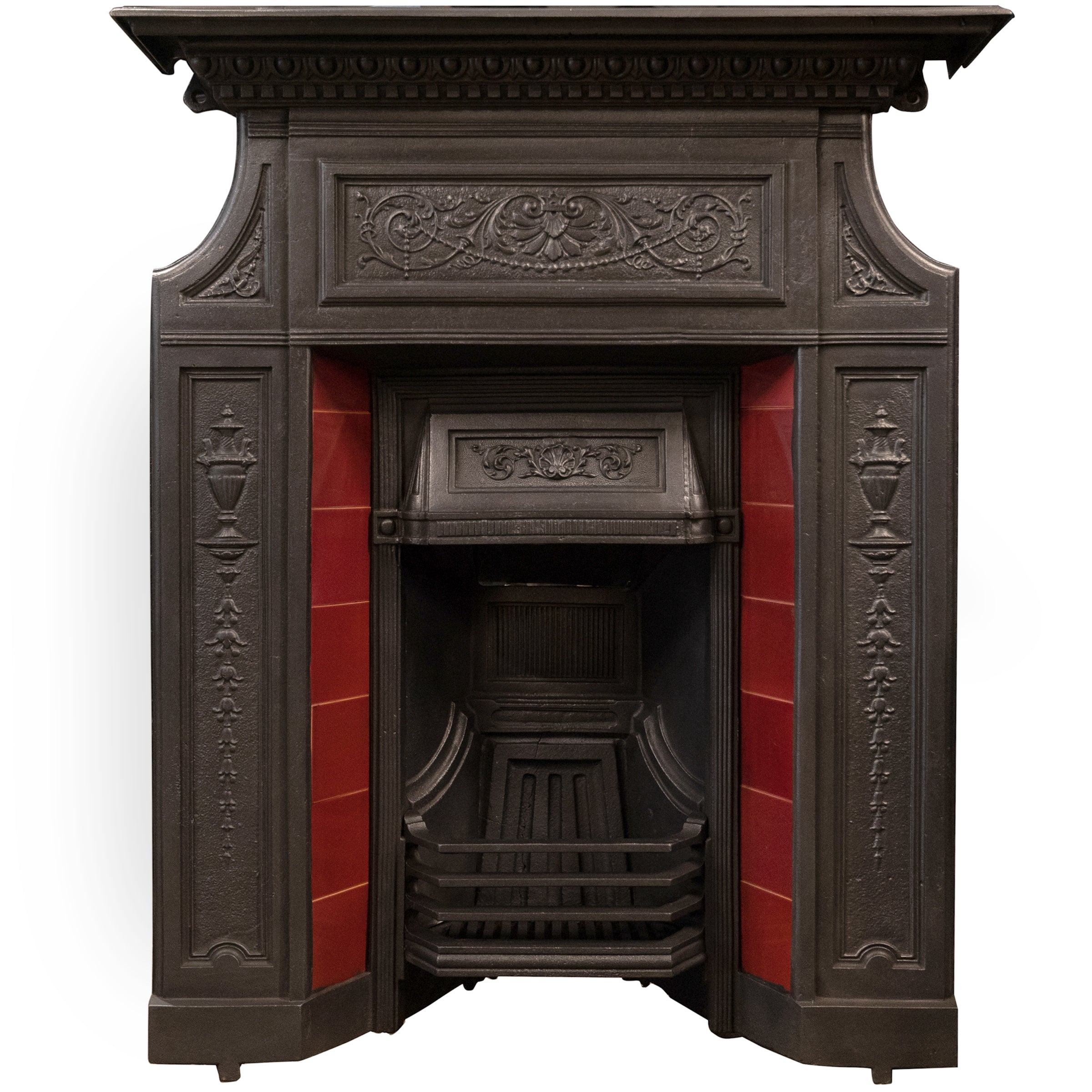 Antique Edwardian Cast Iron Combination Fireplace With Red Tiles