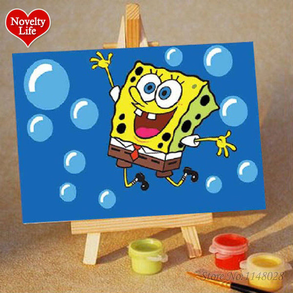 Diy Small Picture Painting By Numbers With Easel Spongebob Children Home Decor Canvas Oil Painting Kids Bed Room Living Wall Art