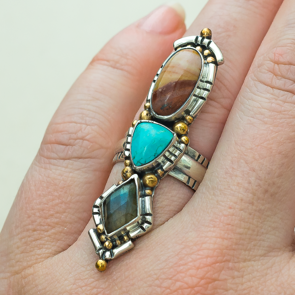 Passage Ring   Polychrome Jasper + Number Eight Turquoise + Faceted Labradorite   Size 8   ORIGINAL