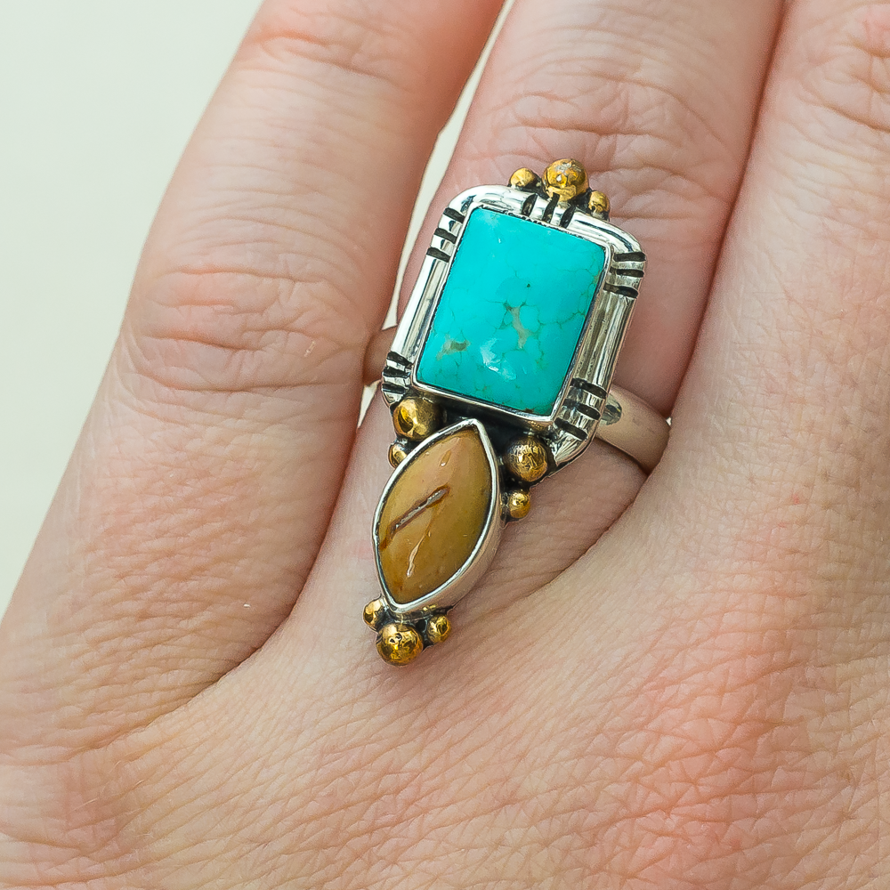 New Mexico Ring   Polychrome Jasper + Number Eight Turquoise   Size 7   ORIGINAL