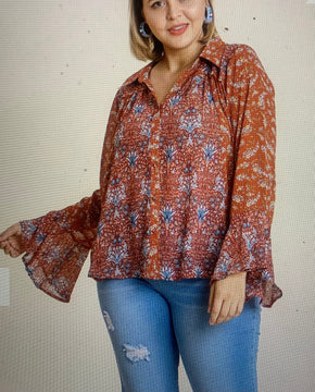 Floral Mixed Bell Sleeve Top