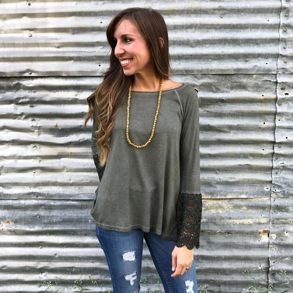 Olive Green Top with Lace Sleeves - Aunt Lillie Bells