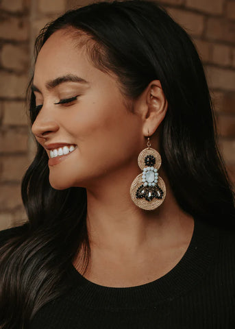 Jute and rhinestone dangle earrings that are perfect for summer vacation or a cruise 