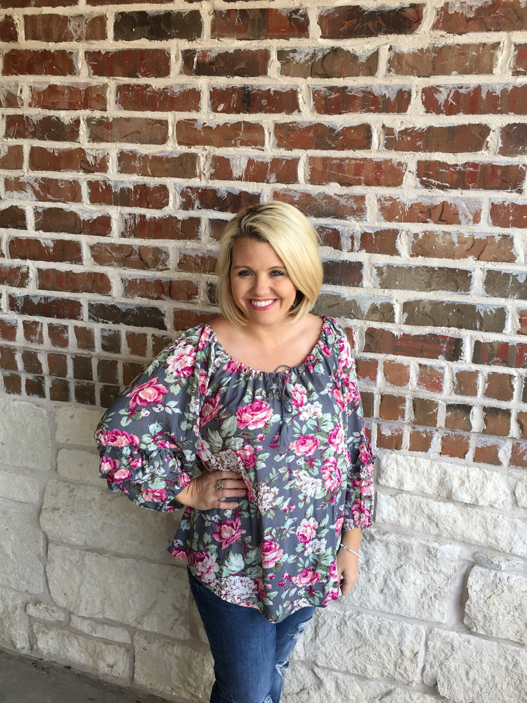 Grey and Pink Floral Top - Umgee - Aunt Lillie Bells