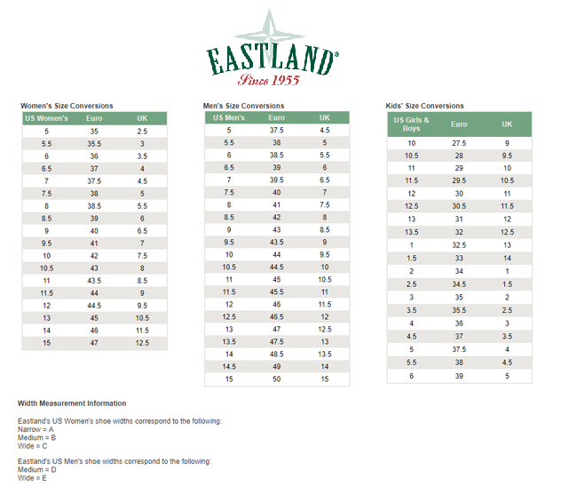 Eastland Size Chart