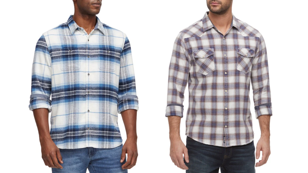 two male models wearing long sleeved flannel shirts made by Flag & Anthem