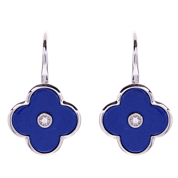 Rhodium cubic zirconia & blue ceramic flower drop earrings- E210-LRH