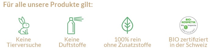 Unser Versprechen - Keine Duftstoffe, keine Zusatzstoffe, keine Tierversuche und eine BIO Zertifizierung in der Schweiz