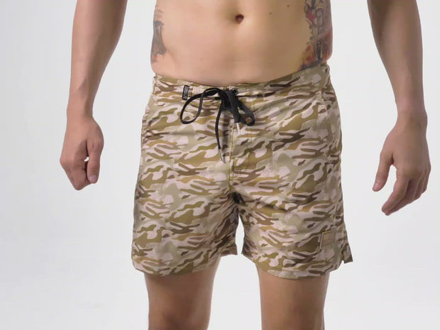 Naked Warrior Camo, 4-Way Stretch Desert Camo Board Shorts - Sunga Life