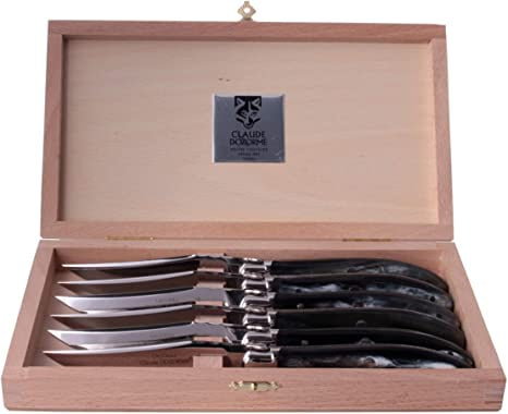 Laguiole steak knives, red acrylic handles, dishwasher safe Length of  handle 12 cm Bee Welded bee Bolsters Full handle Packaging Block of 6  Nature of the handle Acrylic POM, red Steel blade