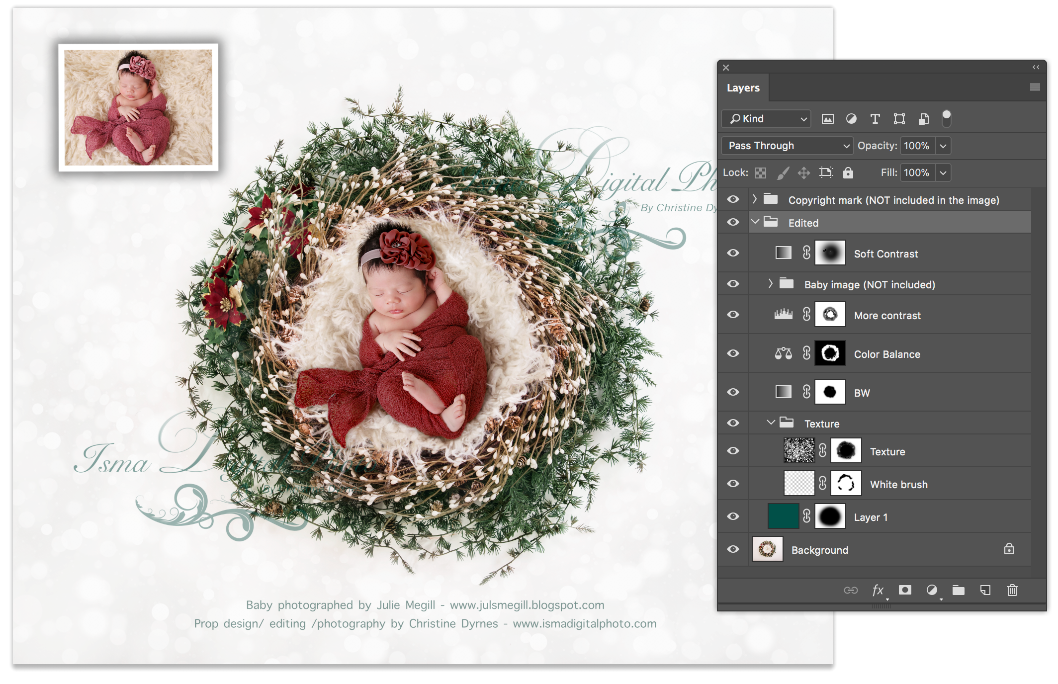 Christmas newborn wreath with texture  Digital Backdrop /Props for Newborn /baby photography - High resolution digital backdrop /background - two JPG and one PSD file with layers