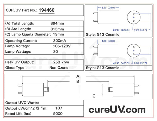 Drawing of 30W/2P UVC Bulb - item # 194460