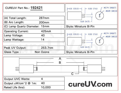 Drawing of American Ultraviolet GML335 UVC Bulb - item # 192421