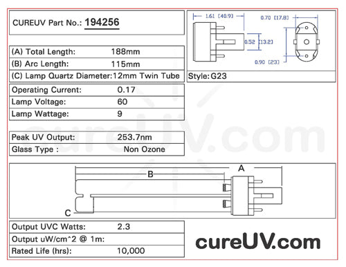 Drawing of American Ultraviolet GML370 UVC Bulb - item # 194256