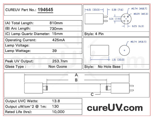 Drawing of American Water Service PT-20 UVC Bulb - item # 194645