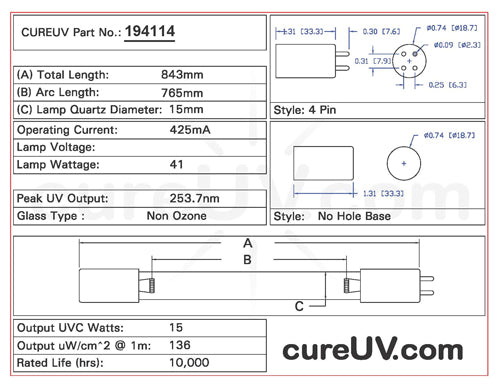 Drawing of Aqua Treatment Service ATS4-854 UVC Bulb - item # 194114