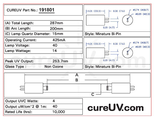 Drawing of Aquafine 3011 UVC Bulb - item # 191801