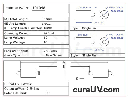Drawing of Aquafine 3050 UVC Bulb - item # 191918