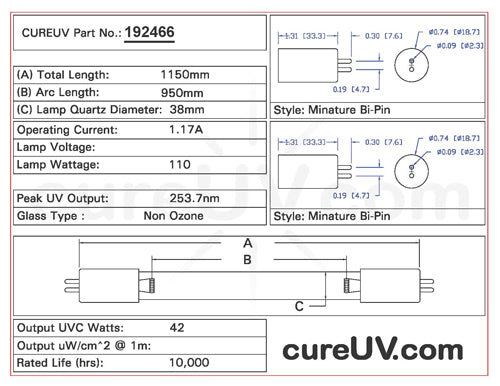 Drawing of Atlantic Ultraviolet 05-1311-R UVC Bulb - item # 192466