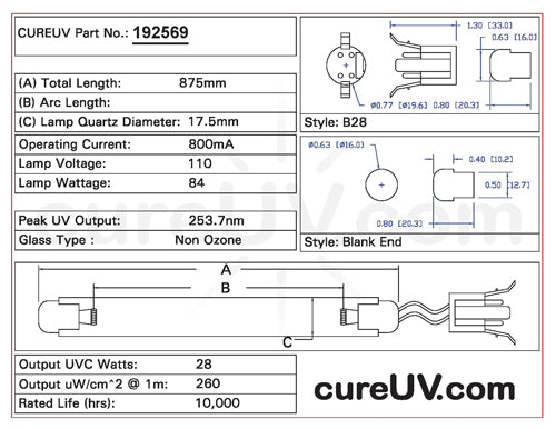 Drawing of Culligan NLR1880 UVC Bulb - item # 192569