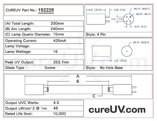 Drawing of Lancaster Pump 4-6 UVC Bulb - item # 192228