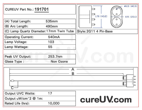 Drawing of Philips TUV PL-L 55W/4P UVC Bulb - item # 191701