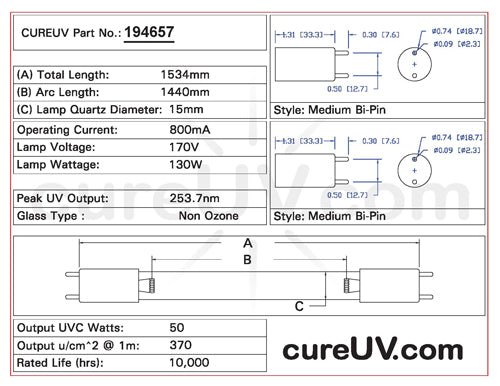 Drawing of Steril-Aire 20000600 UVC Bulb - item # 194657