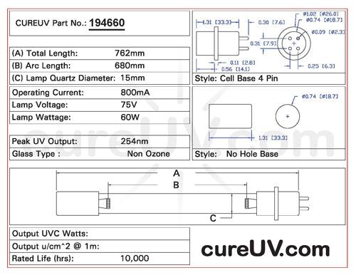 Drawing of Steril-Aire 21000400 UVC Bulb - item # 194660